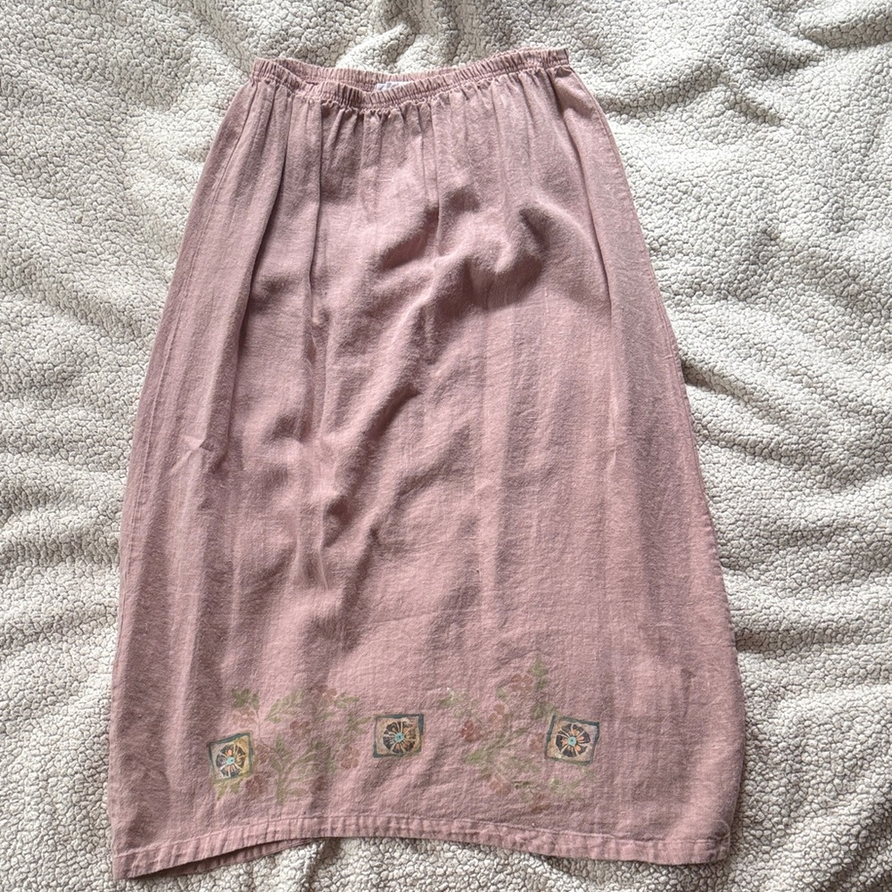 Blue Fish Pink printed linen Midi Skirt